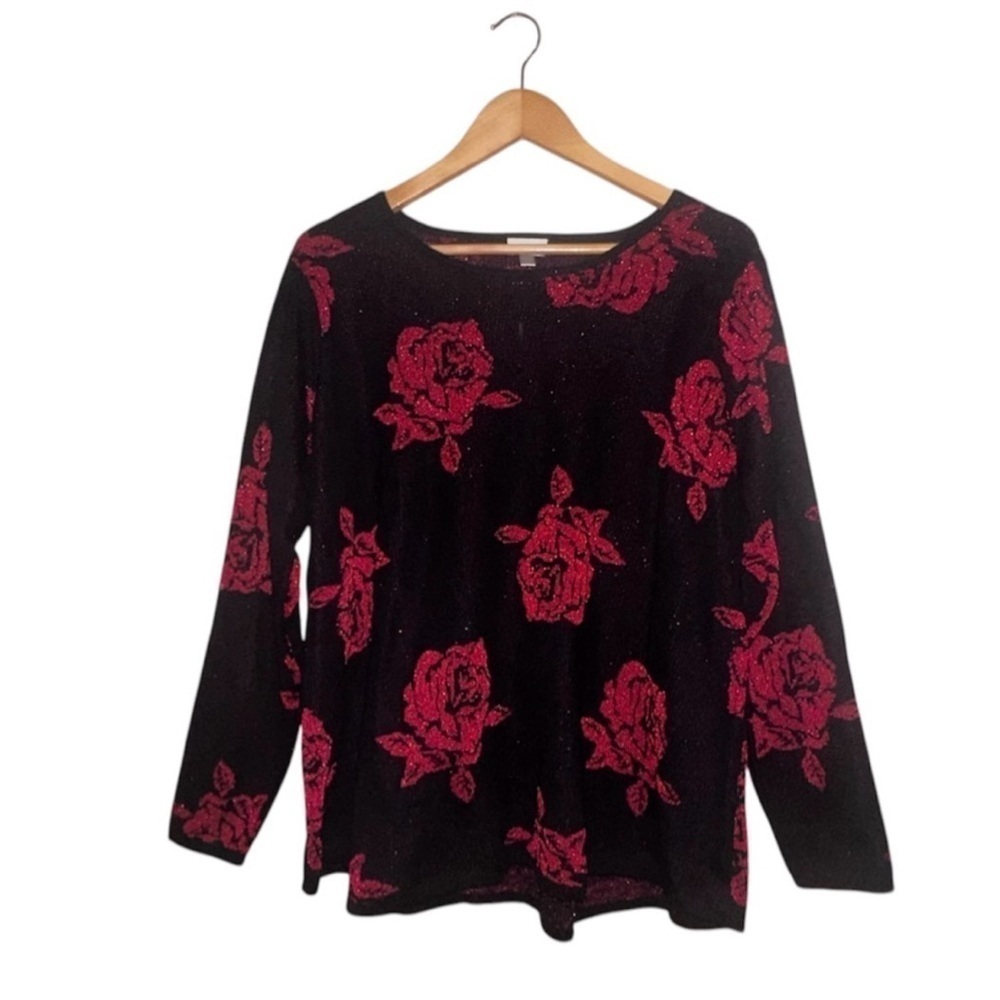 AVENUE Black Red Metallic Detail Rose Lightweight Sweater Whimsigoth Women 18/20 - Picture 2 of 12